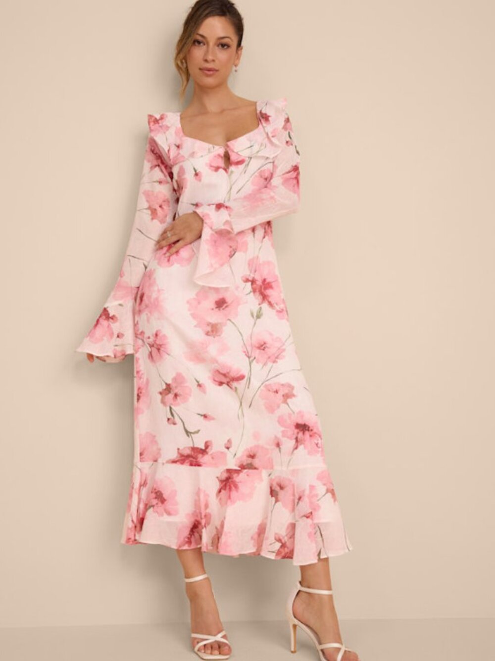 Lulus Rylia Ivory And Pink Floral Ruffled Midi Dress White - Size M